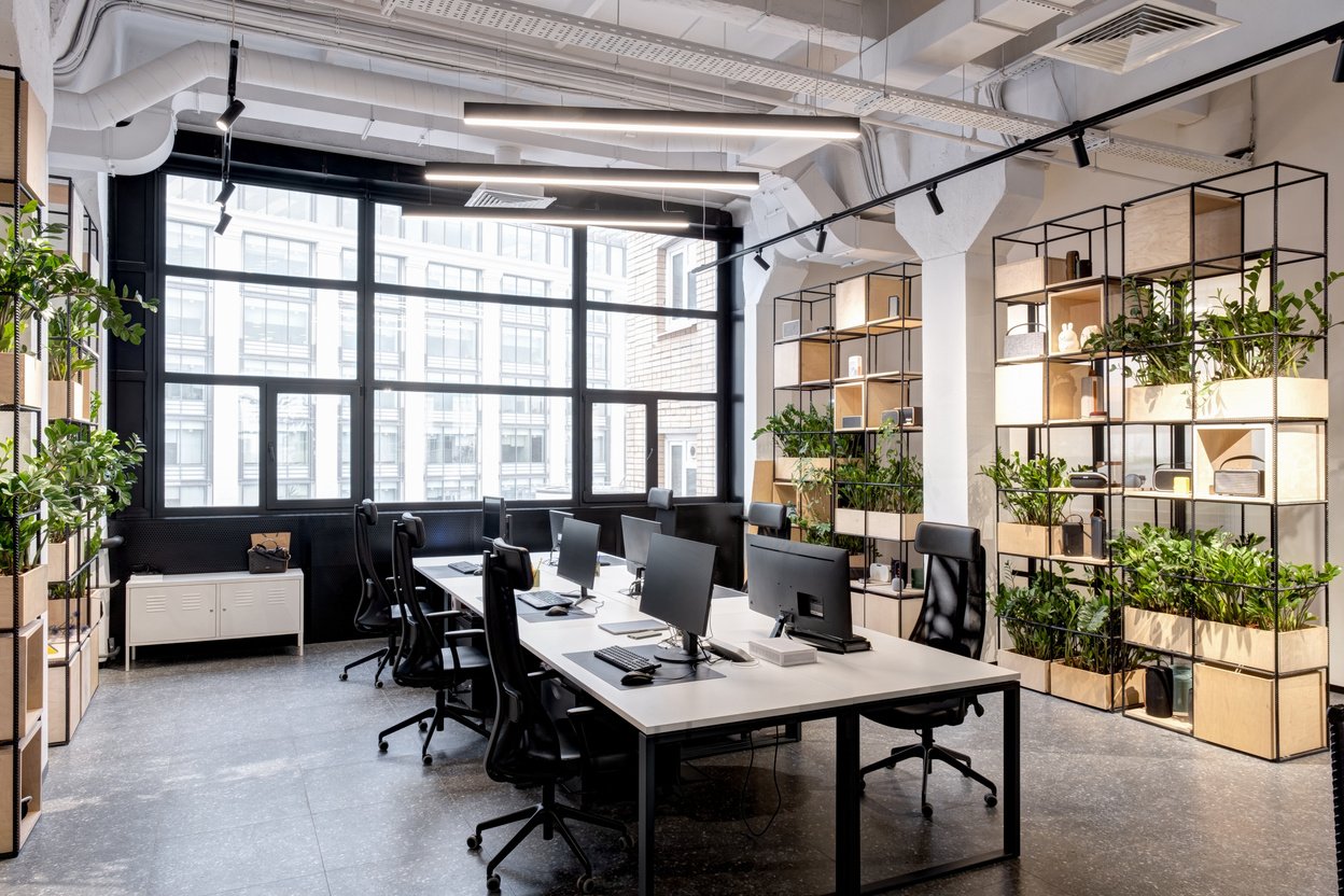 modern loft office interior with furniture